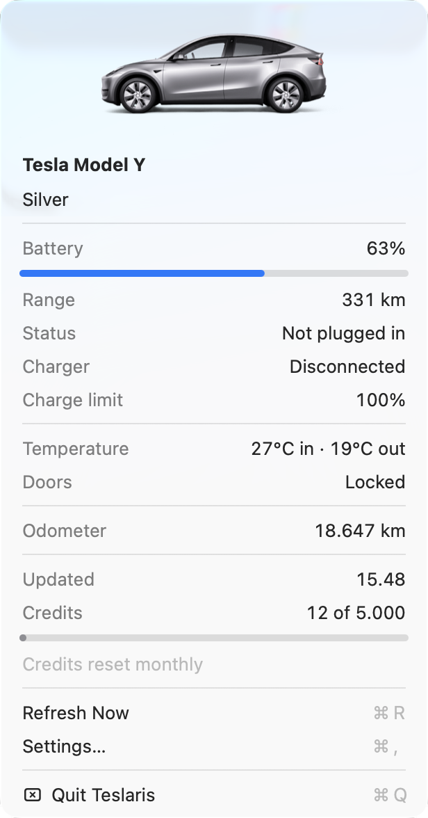 The Teslaris menu open on a Mac: a silver Tesla Model Y at 63% battery with 331 km of range, not plugged in, doors locked